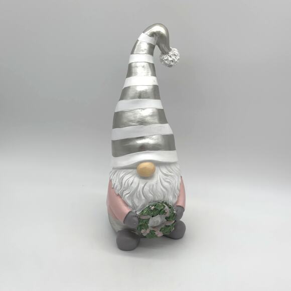 New Pink & Silver Metallic Resin 14" Christmas Gnome With Wreath - Picture 7 of 8